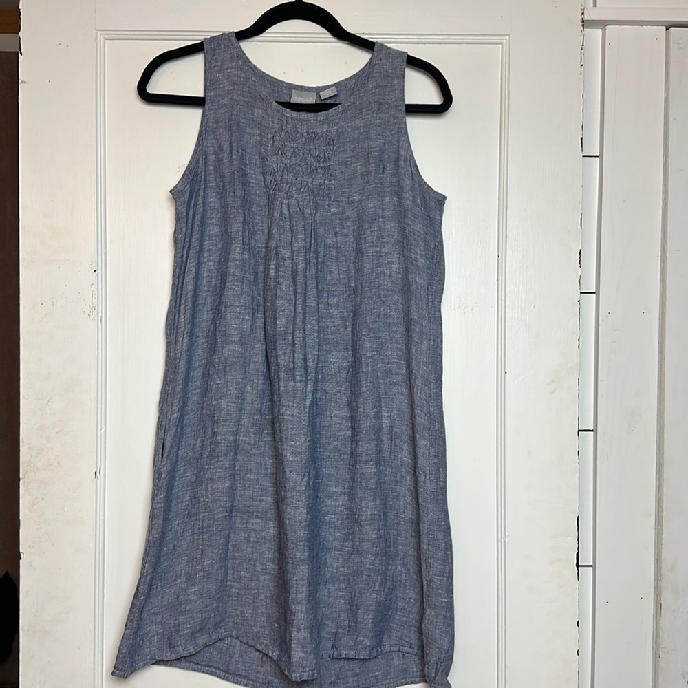 Kenar 100% Linen Shift Dress | Petite Blue Chambray Pockets Coastal Minimalist - Picture 2 of 12
